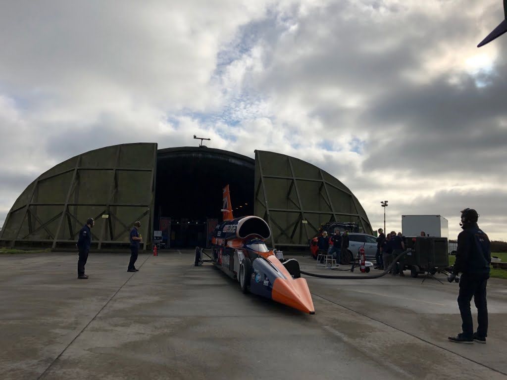 BLOODHOUND SSC being rolled out of the plane hanger