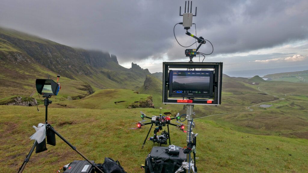 large drone and various screens for viewing in remote location